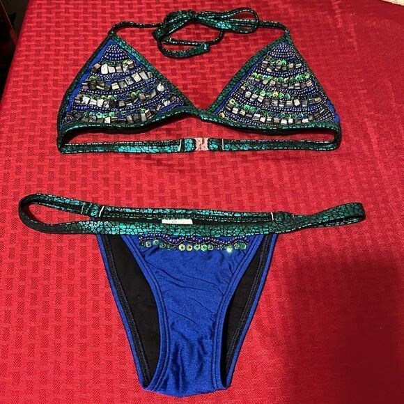 Veve Handmade Custom Blue/Green Beaded Mermaid Bikini Set Custom Mermaid Bikini - Picture 8 of 13